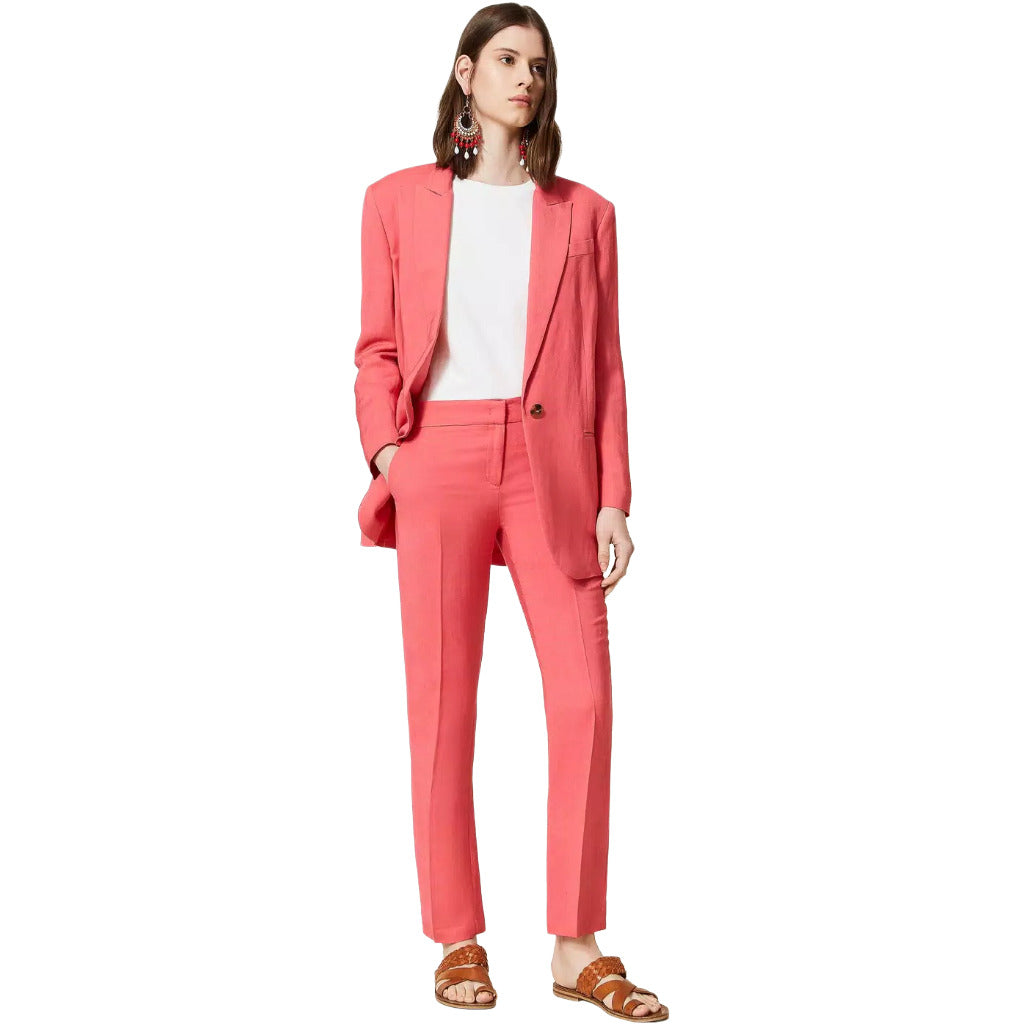 Twinset – pink cigarette trousers – front view worn with a matching blazer