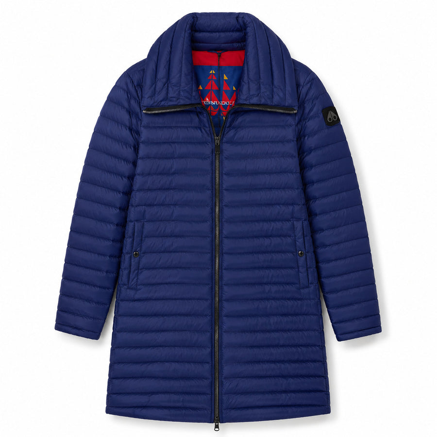 Moose Knuckles – navy quilted long jacket – front flat view with raised collar and zip closure