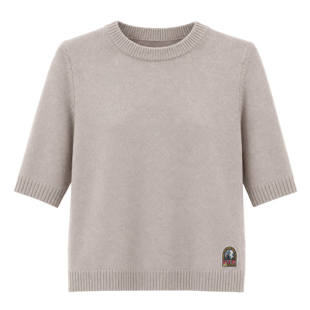 Parajumpers – grey short-sleeve crew-neck sweater – front flat lay with ribbed trims and logo patch