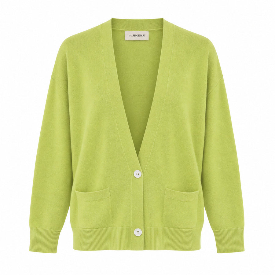 Anna Molinari – lime green cardigan – front flat lay with button closure and patch pockets