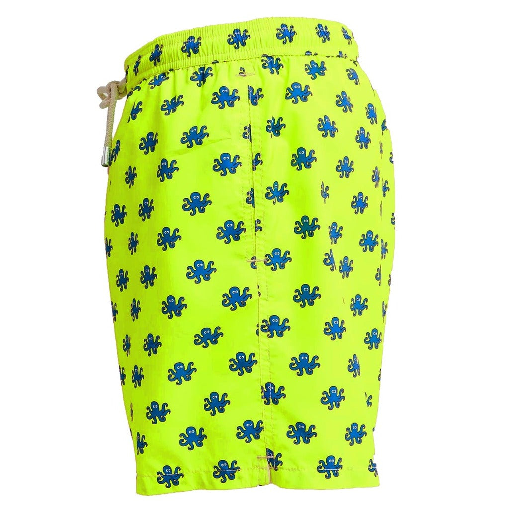 Mc2 Saint Barth – yellow octopus-print swim trunks – side view showing patterned fabric