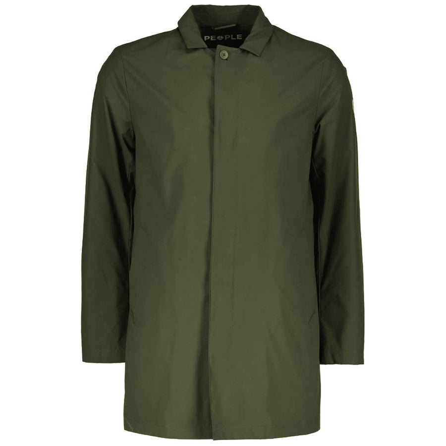 People Of Shibuya – Toshiro Trench Coat – Front view of the green coat, buttoned and shown flat