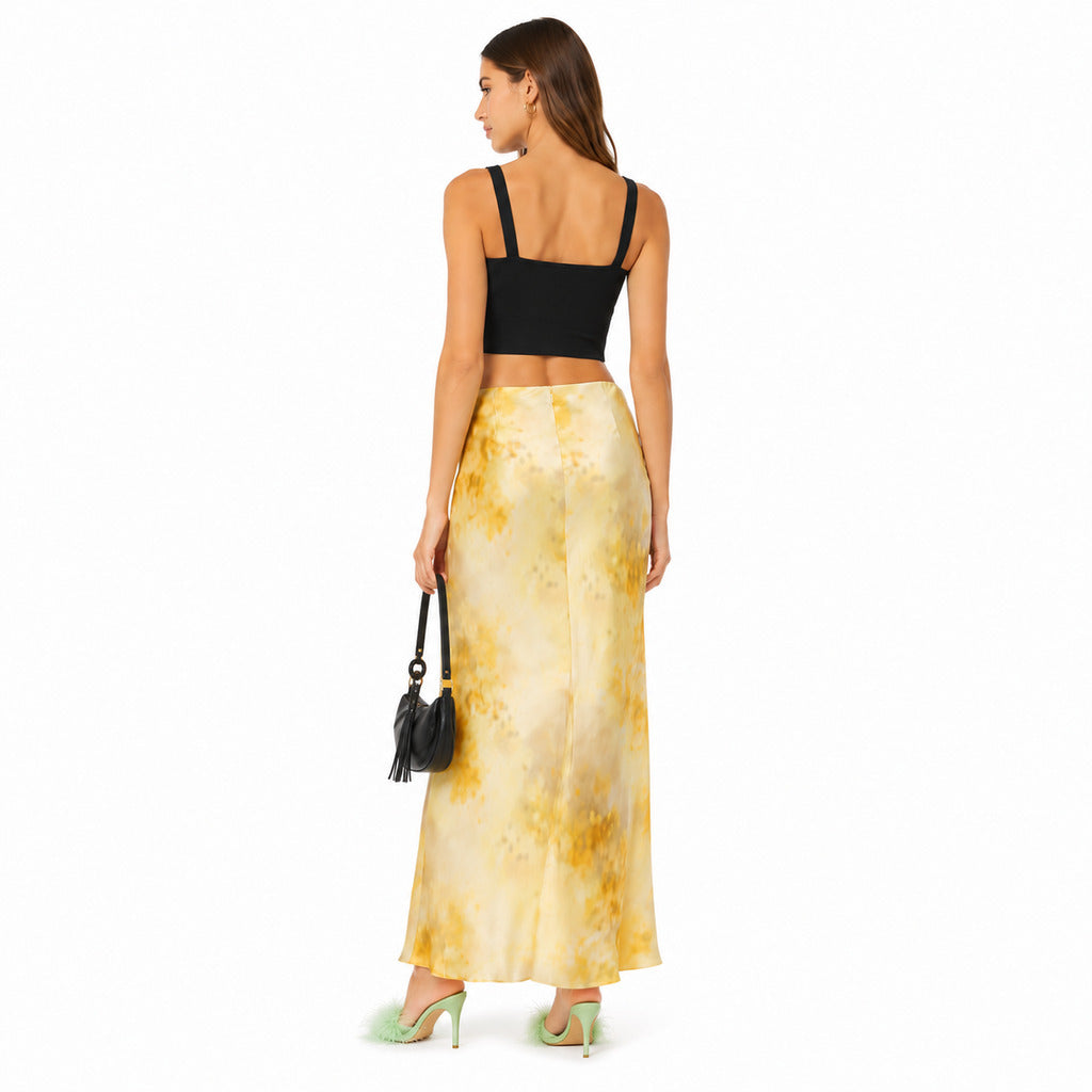 Pinko – Carasina yellow maxi skirt – rear view showing straight drape and yellow print