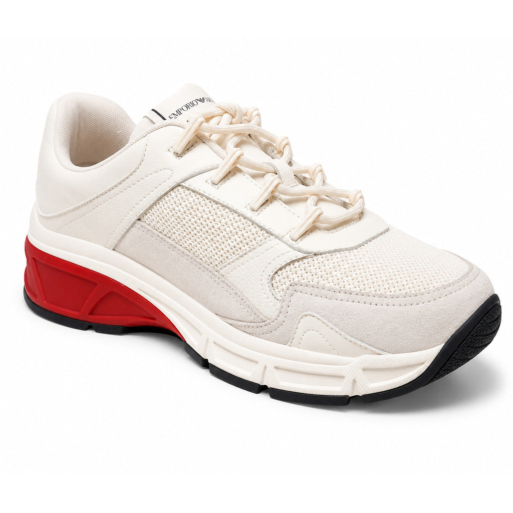Emporio Armani – white suede and mesh sneakers – front three-quarter view with red heel
