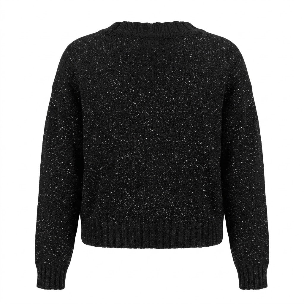 Anna Molinari – black bouclé V-neck sweater – back view with ribbed hem