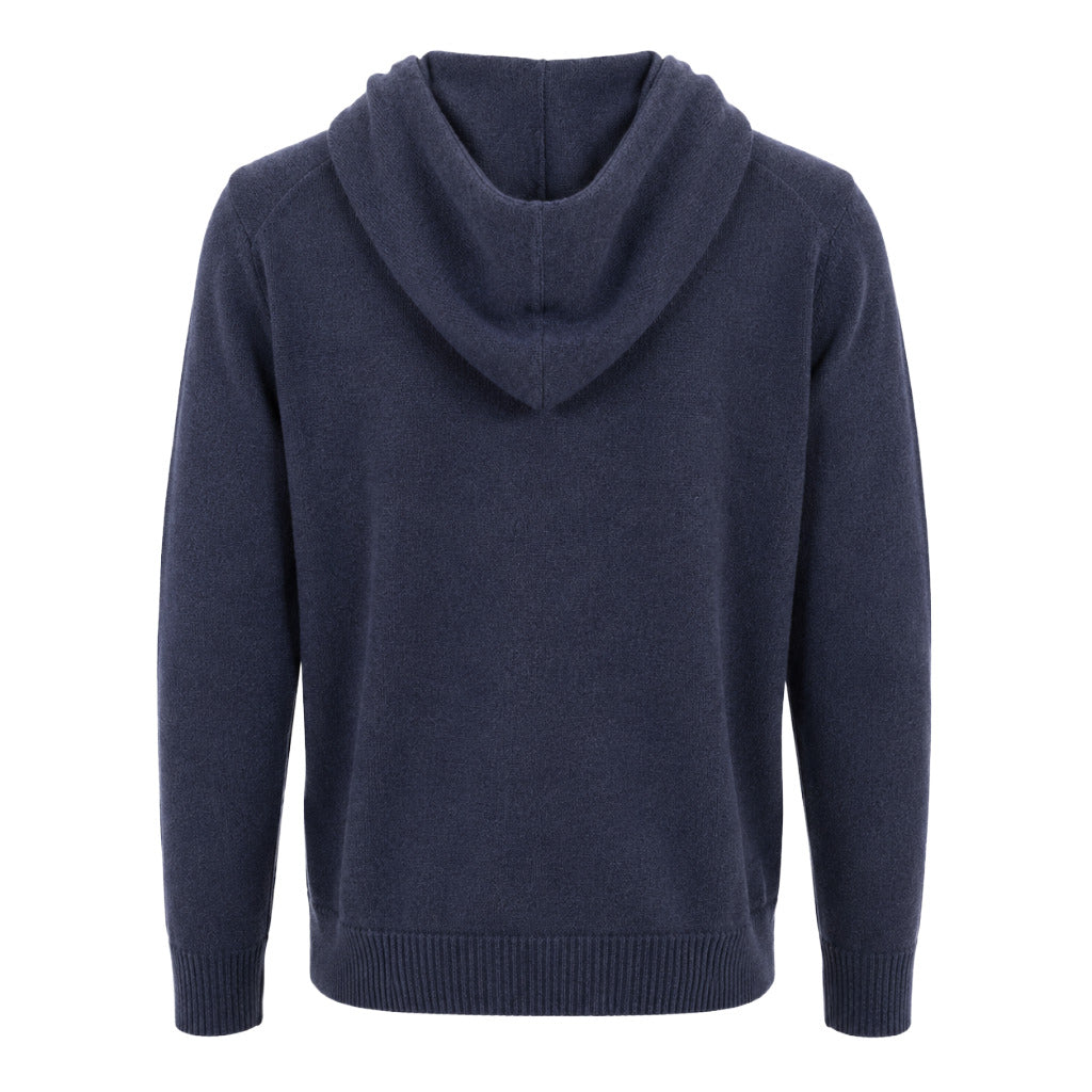 Alpha Studio – Geelong wool blue hooded sweatshirt – back view showing hood and ribbed hem