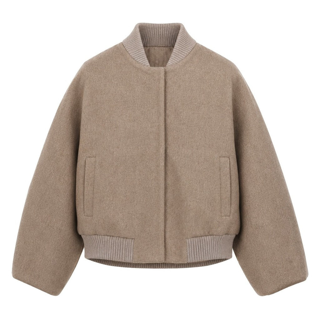 Loro Piana Tessuto – beige wool bomber jacket – front view, flat packshot