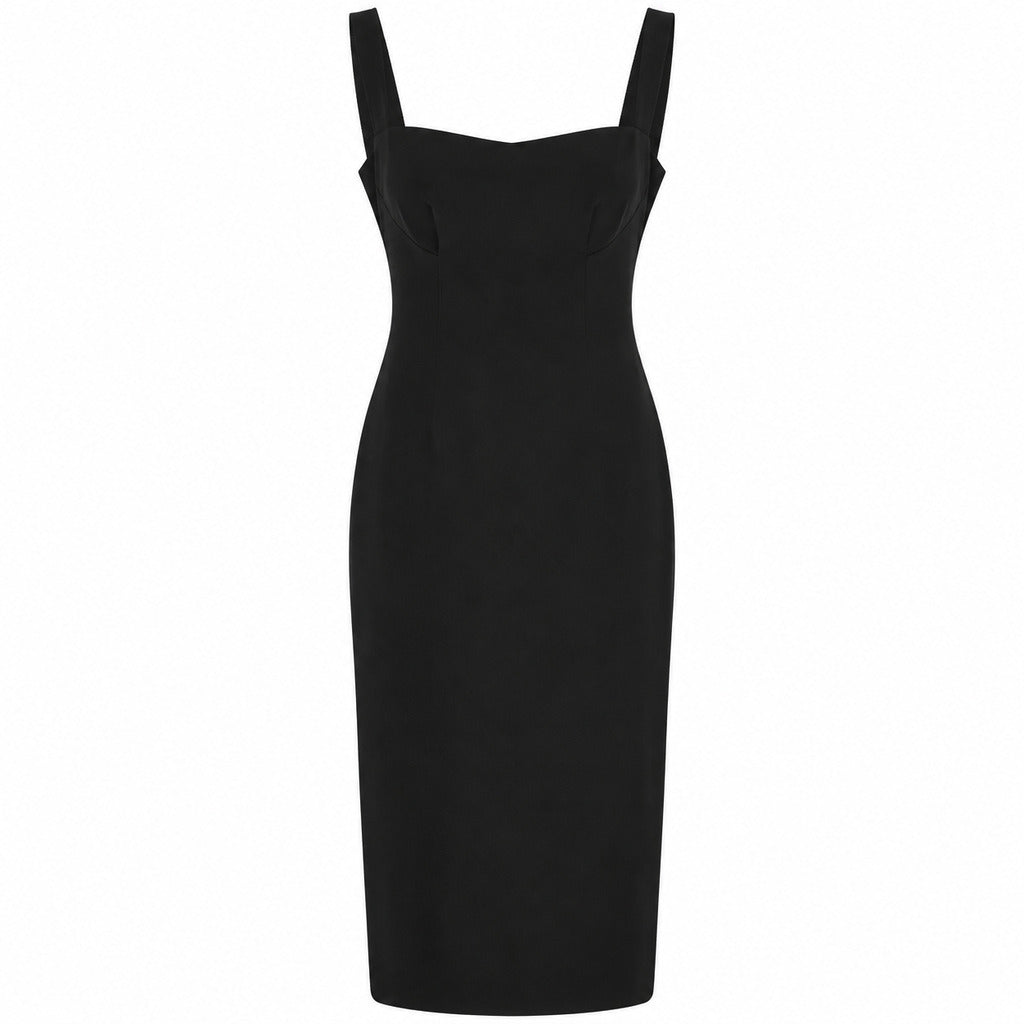 Dolce & Gabbana – black fitted sheath dress – front flat lay with wide straps