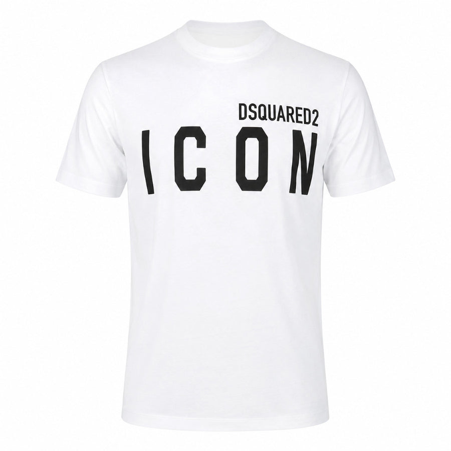 Dsquared2 – white logo T-shirt – front flat-lay with black ICON lettering