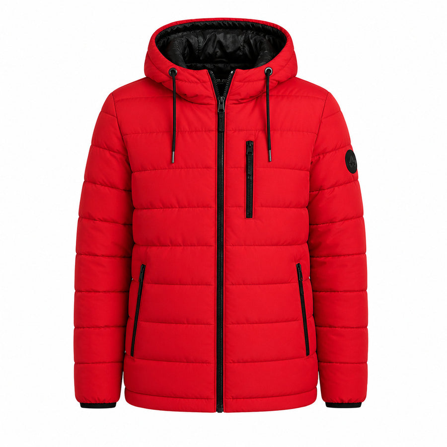 Moose Knuckles – Track Down red hooded puffer jacket – front view