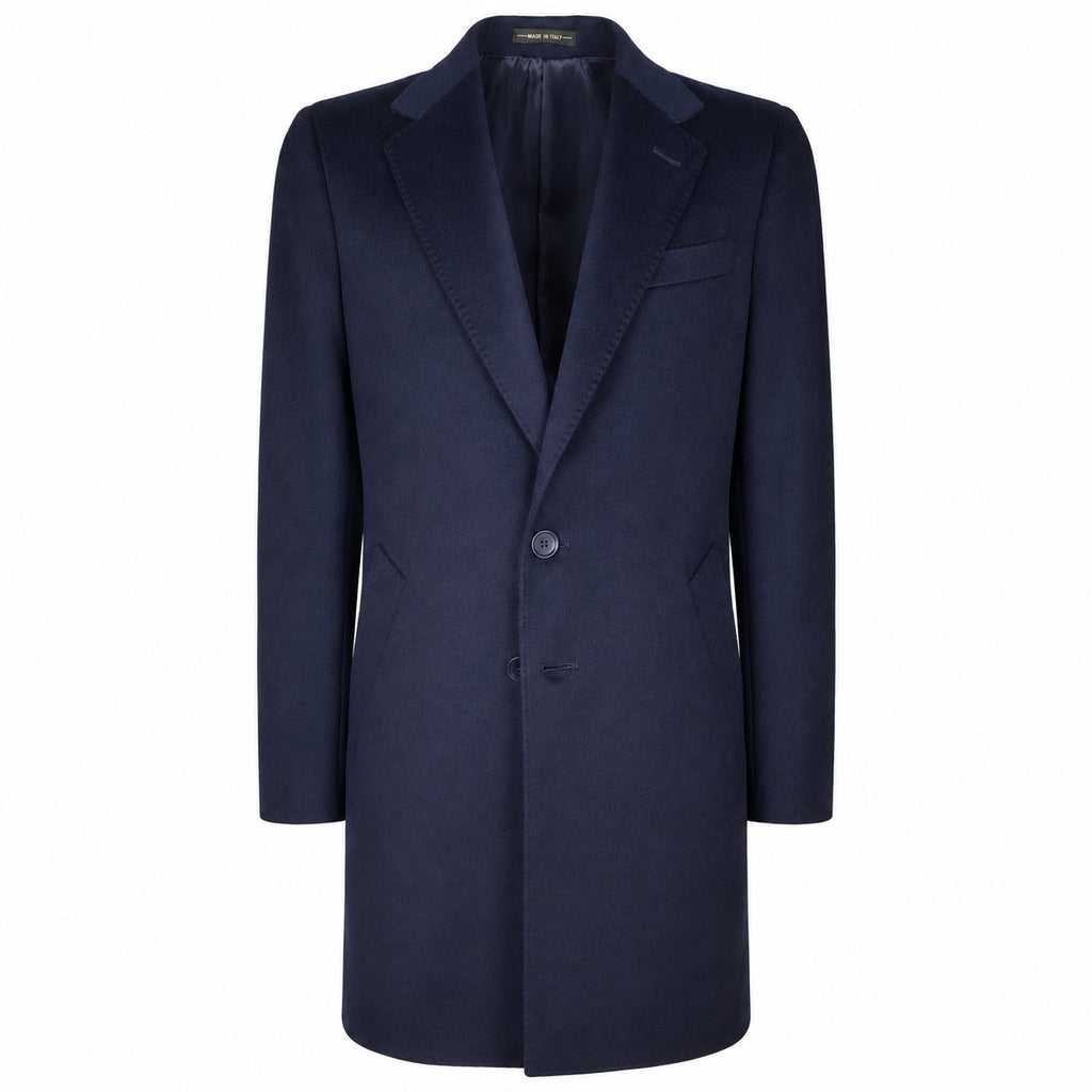 Loro Piana Tessuto – Capolavoro Coat in Midnight Blue – Front view, navy coat on white background