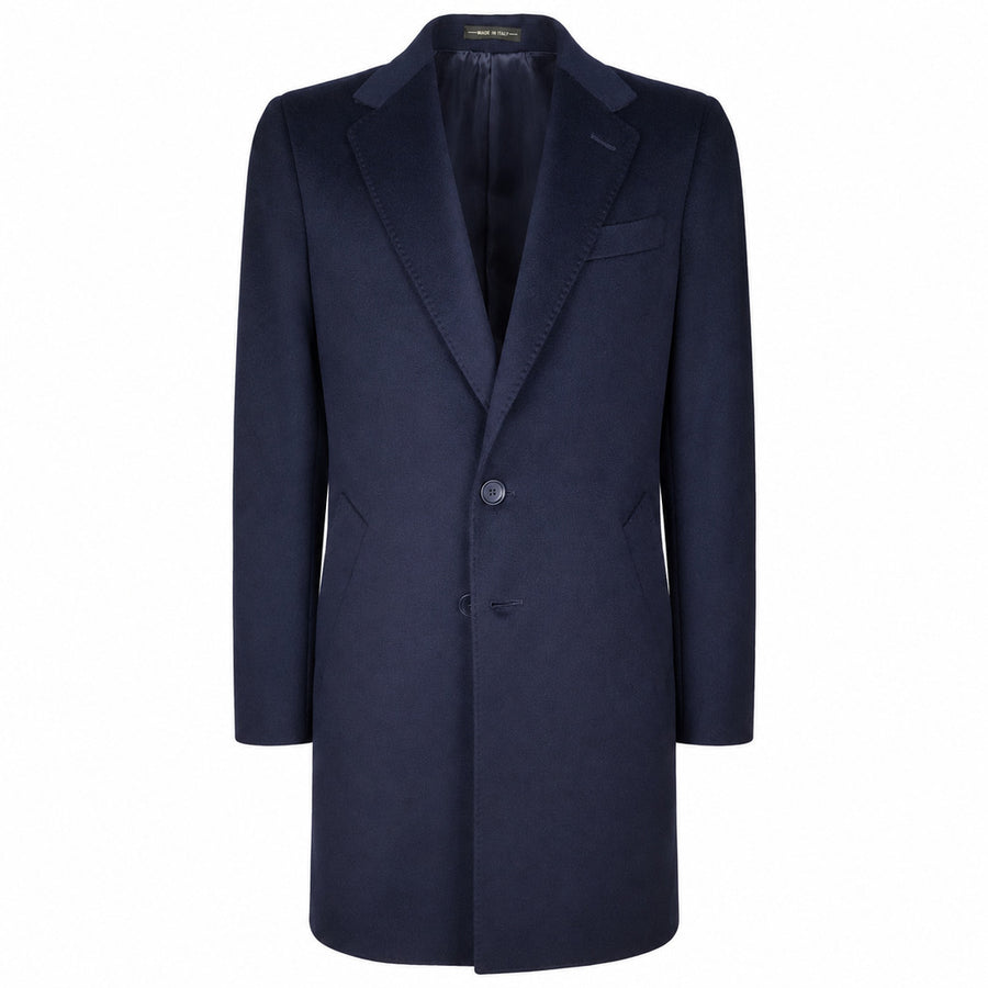 Loro Piana Tessuto – Capolavoro Coat in Midnight Blue – Front view, navy coat on white background