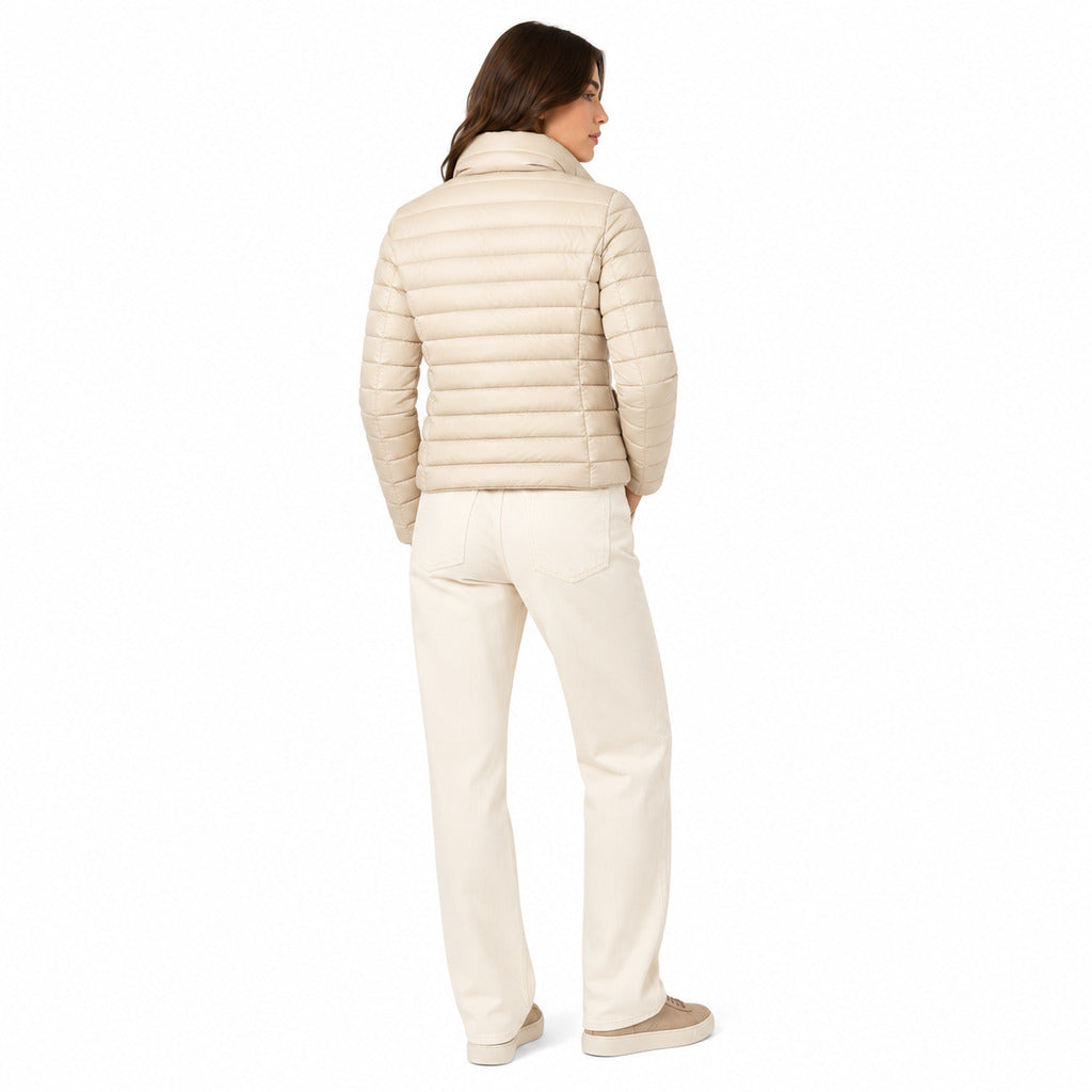 Parajumpers – Winona beige down jacket – model showing the back and side with cream trousers