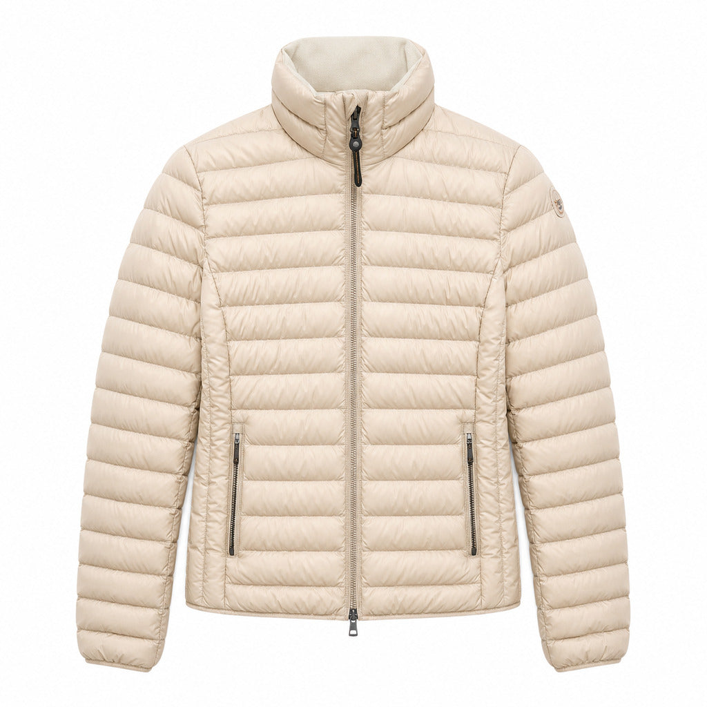 Parajumpers – Geena beige down jacket – front packshot with quilted panels and zip pockets