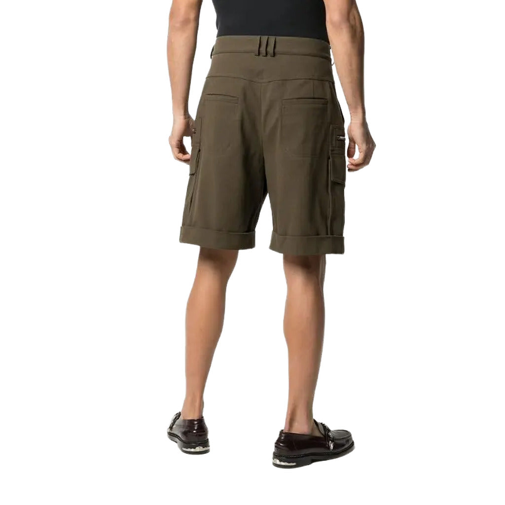 Balmain – military green cotton cargo shorts – rear view worn by a model