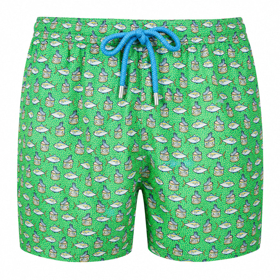 Mc2 Saint Barth – green tuna-print swim trunks – front view with blue drawstring
