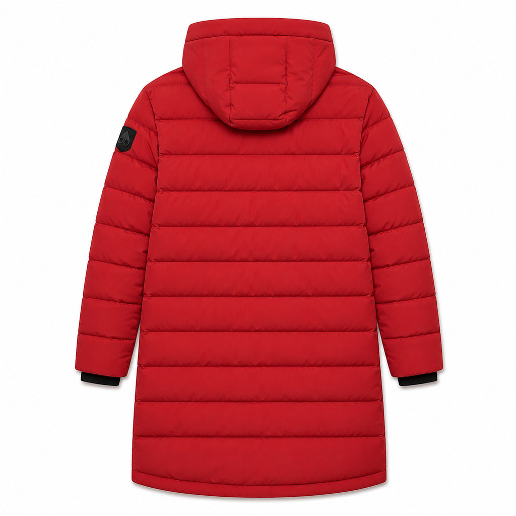 Moose Knuckles – Rockclif red hooded long down jacket – back flat lay