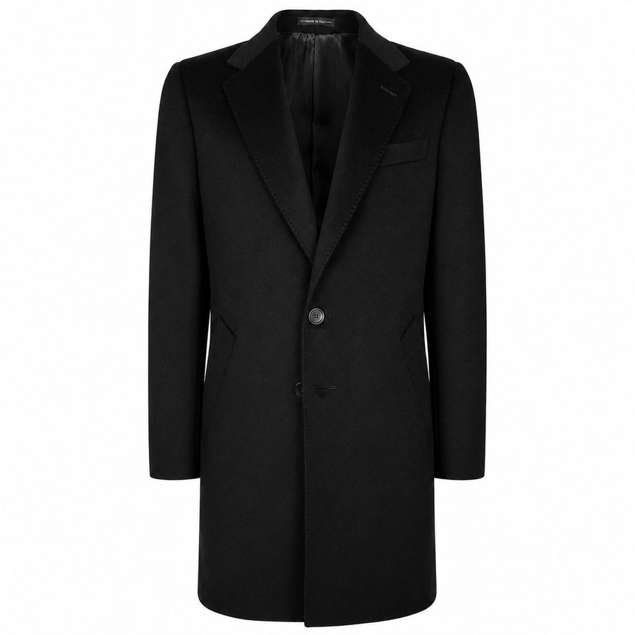 Loro Piana Tessuto – Capolavoro Coat in Midnight Blue – Front packshot showing the coat in black