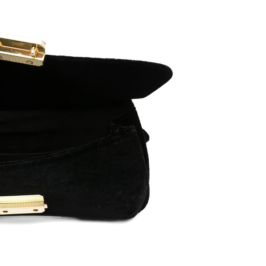 Emporio Armani – black velvet clutch bag – open side detail with gold hardware