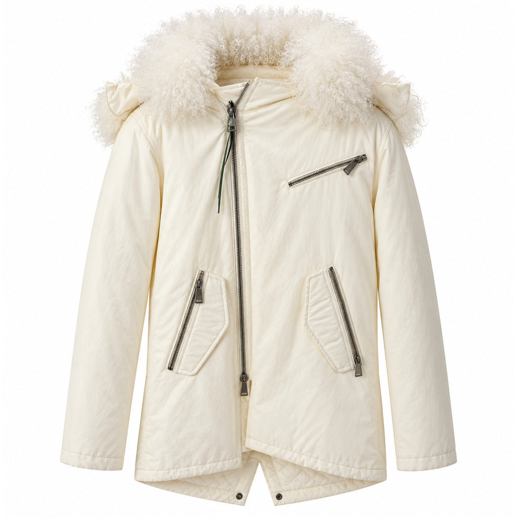 Hogan – Fur-Trimmed Hood Jacket in White – front flat lay with curly hood trim