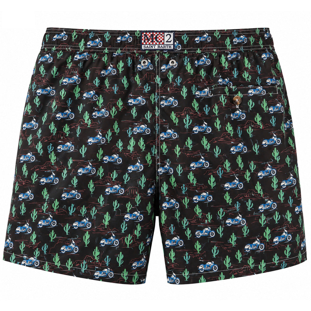 Mc2 Saint Barth – black printed swim trunks – back view with logo label and cactus pattern