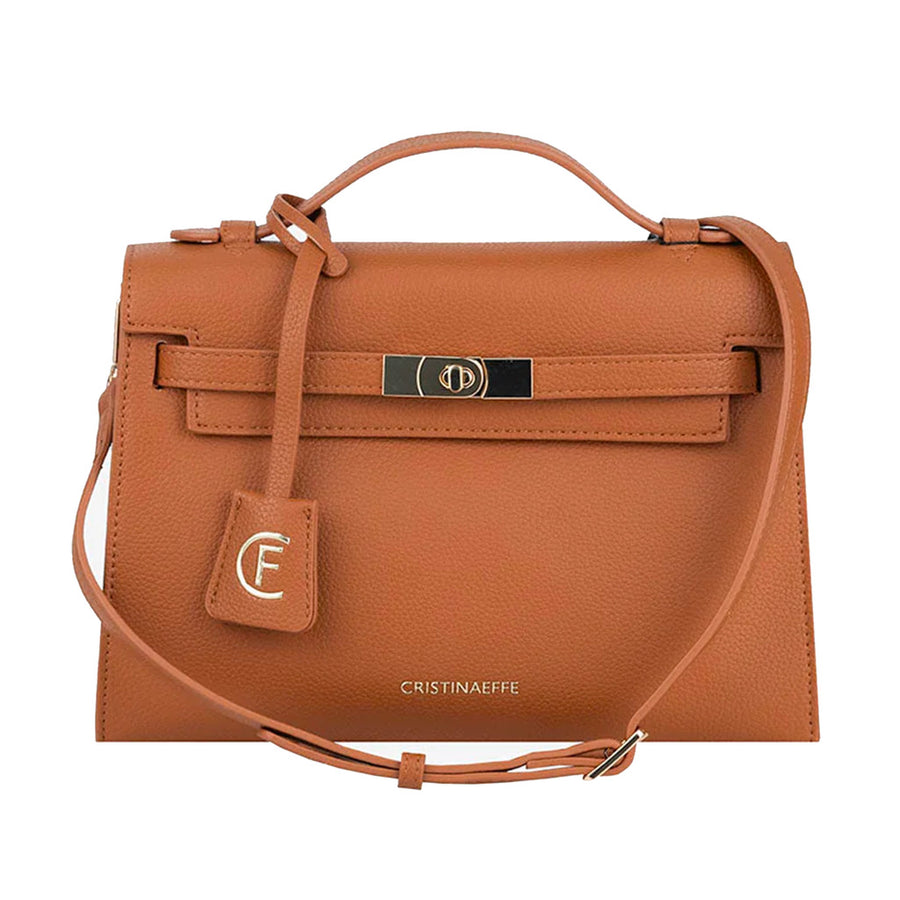 Cristina Effe – Taylor Shoulder Bag – Front-facing tan pebbled bag with top handle and strap