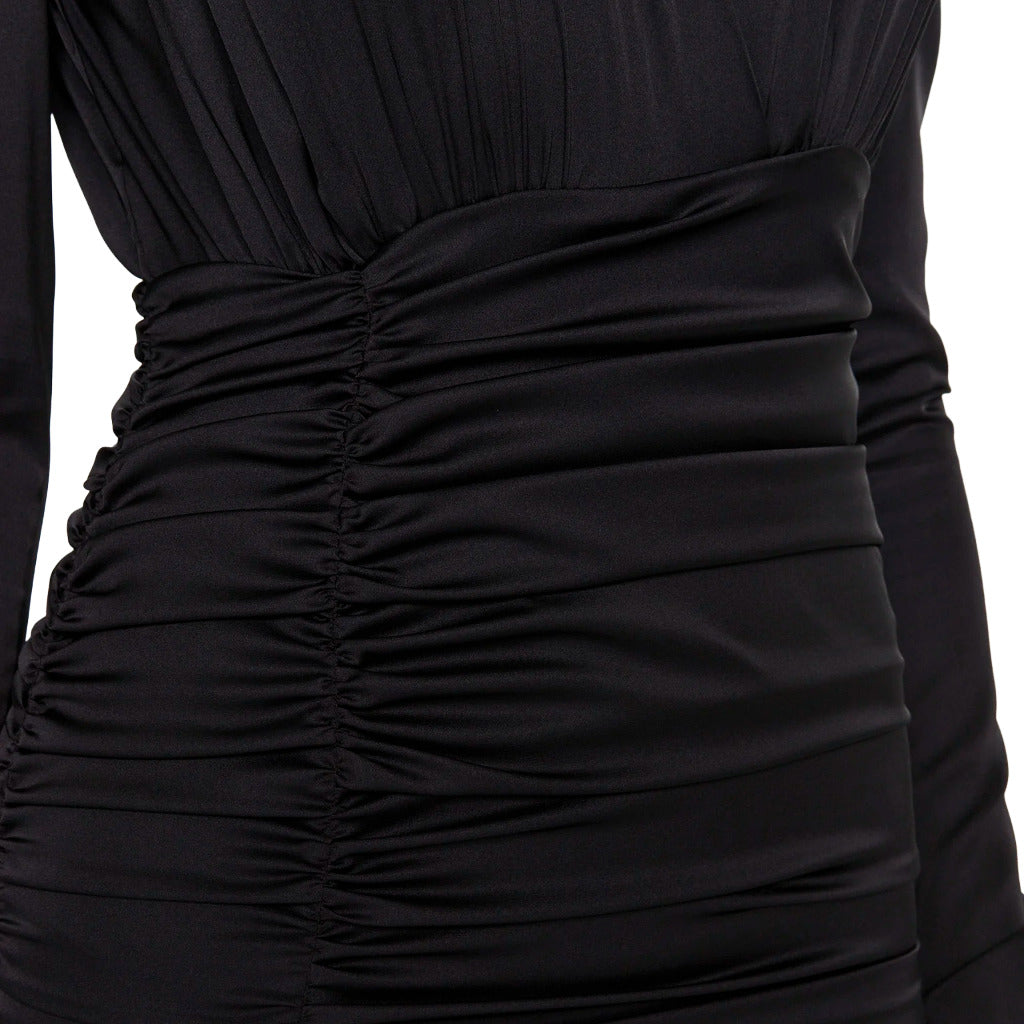 Pinko – Zanzibar black ruched mini dress – close-up waist detail