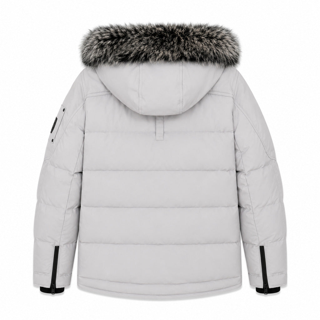 Moose Knuckles – gray Onyx Big Ridge hooded jacket – flat back view with fur-trimmed hood