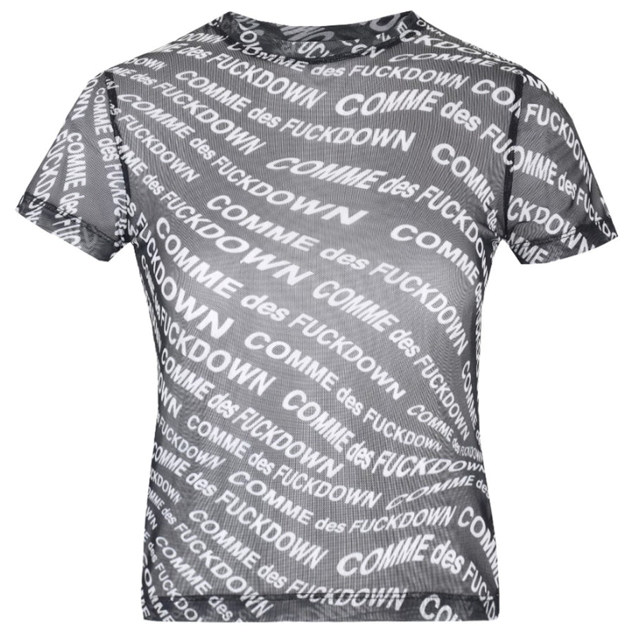 Comme Des Fuckdown – Mesh T-Shirt in Black – Front view of black mesh shirt with white text print