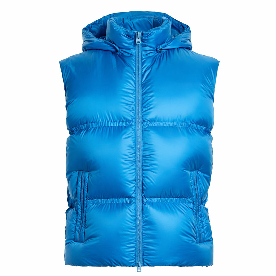 Herno – blue quilted hooded vest – front-facing flat product view