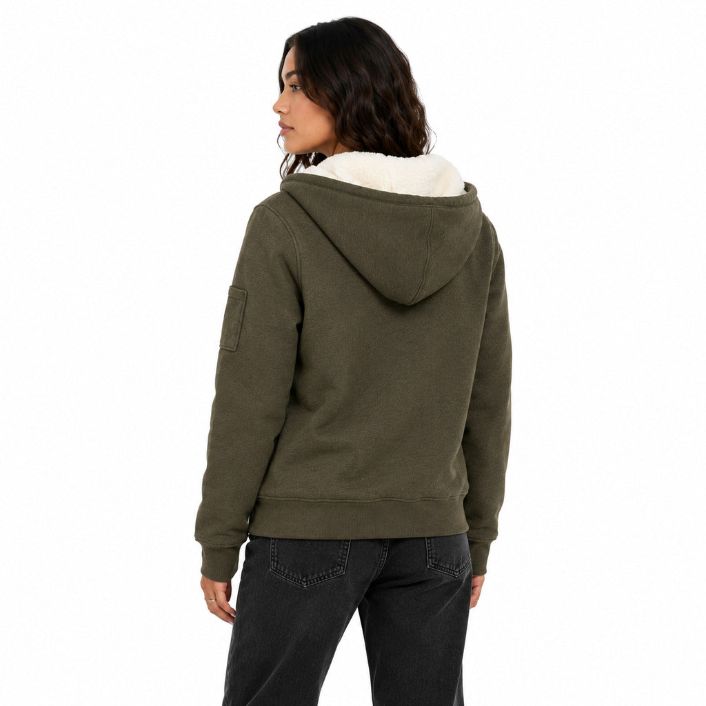 Moose Knuckles – green hooded sweatshirt with white lining – rear view worn with dark jeans