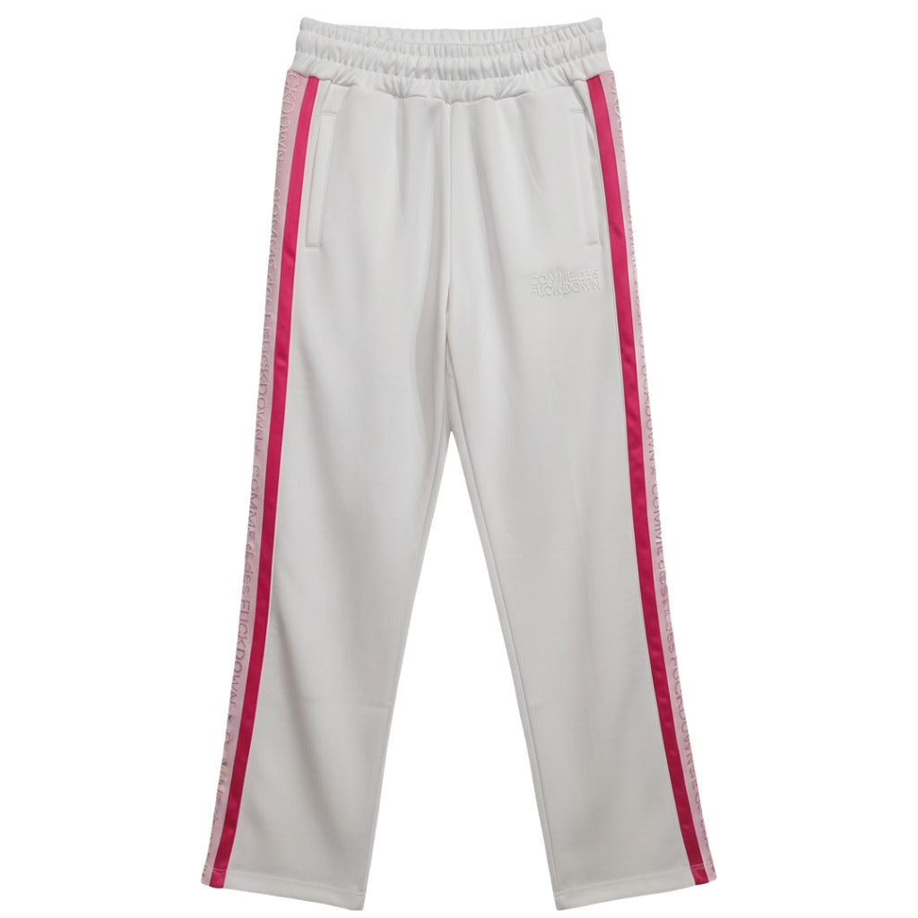 Comme Des Fuckdown – white sweatpants with pink side stripes – front flat packshot