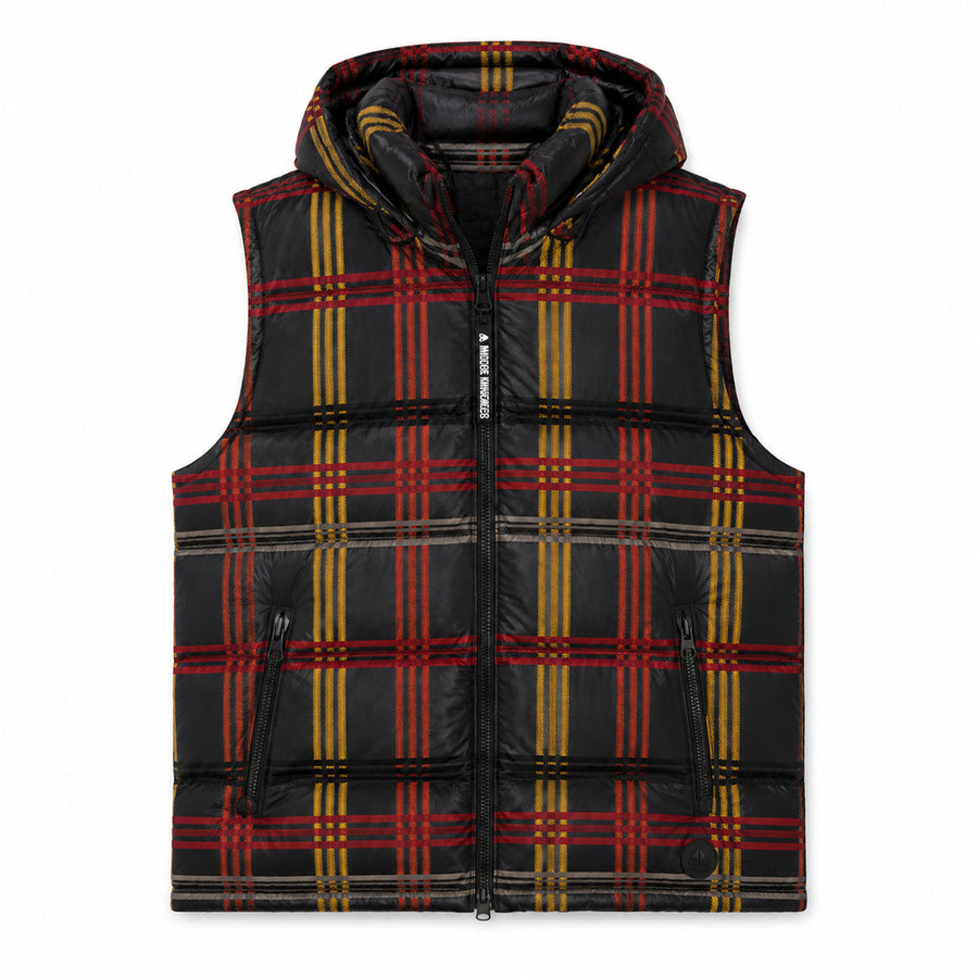 Moose Knuckles – black plaid hooded vest – front view, flat product shot