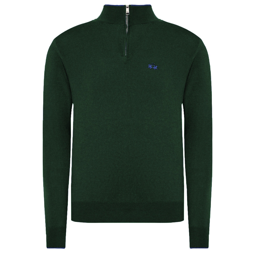 La Martina – Half-Zip Turtleneck Sweater – Front view of green sweater with chest logo
