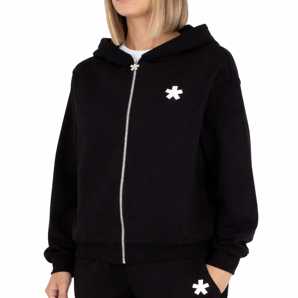 Comme Des Fuckdown – black hooded zip-up sweatshirt – front view worn by model