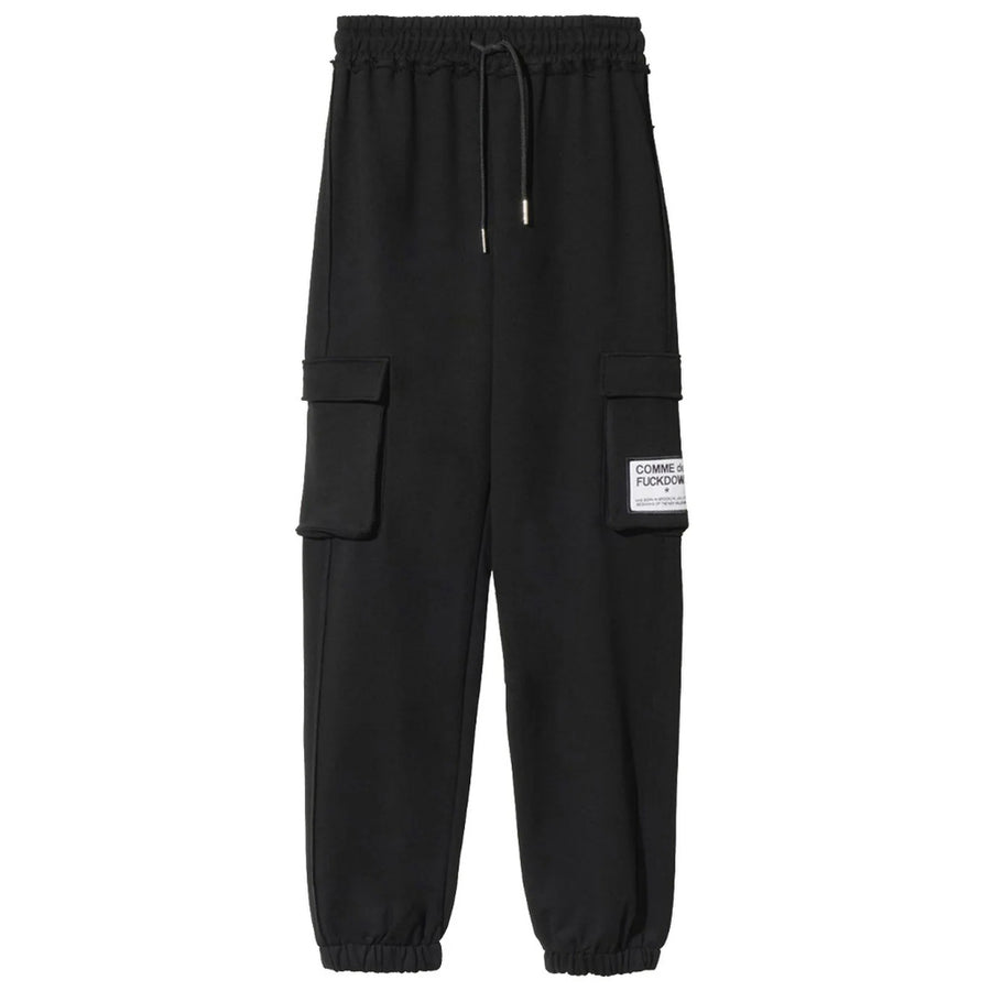 Comme Des Fuckdown – Cargo Pants – Black front flat lay with drawstring and cargo pockets