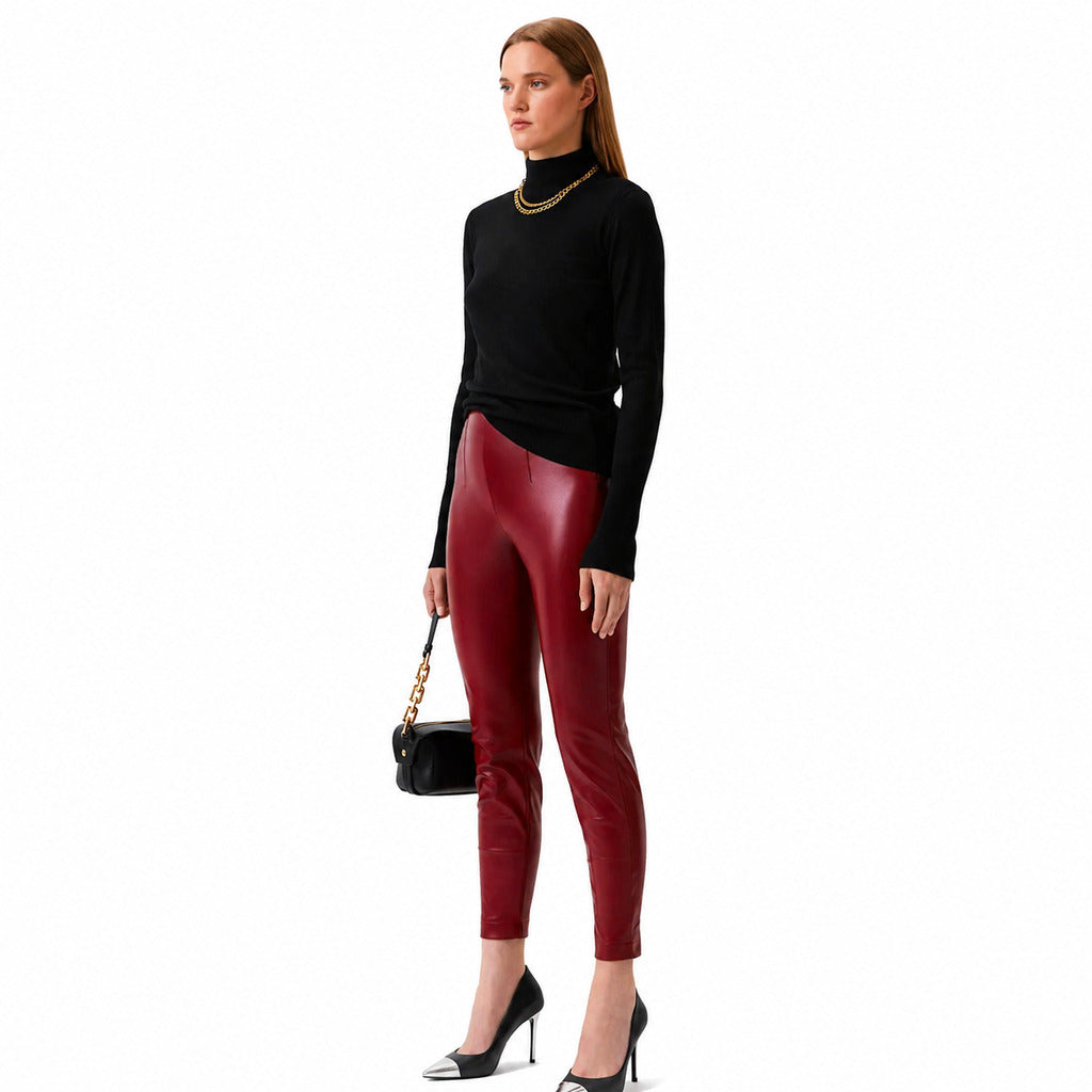 Patrizia Pepe – red slim-fit trousers – front view worn with black top