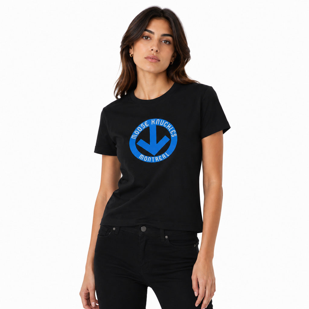 Moose Knuckles – black T-shirt with blue Montreal logo – model wearing it, front view