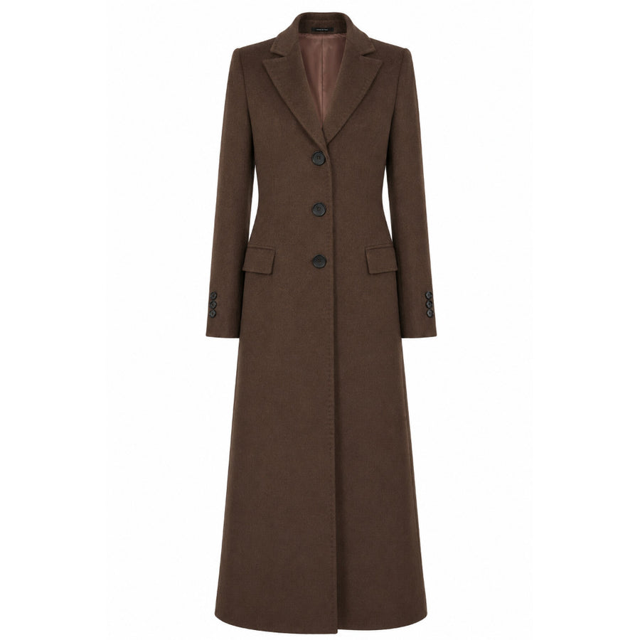 Loro Piana Tessuto – long brown wool coat – front view with lapels and button closure