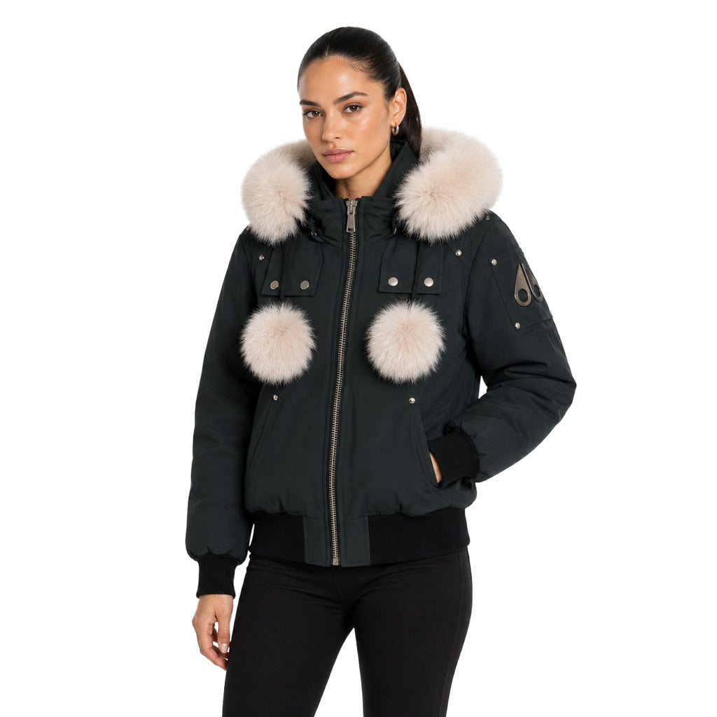 Moose Knuckles – grey bomber jacket with fluffy hood trim – front view on model
