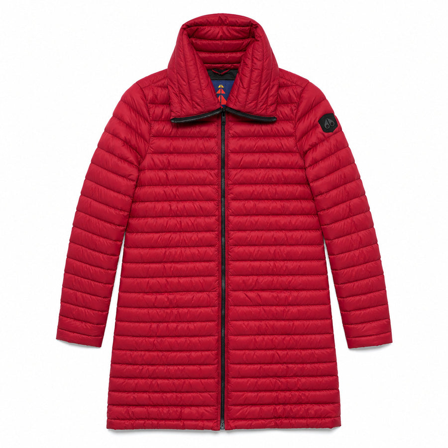 Moose Knuckles – red quilted long down jacket – front flat lay, high collar and zip
