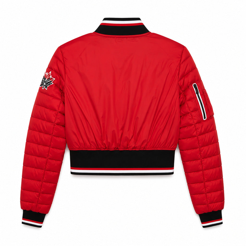 Moose Knuckles – red cropped down jacket – back view, flat with striped ribbed hem