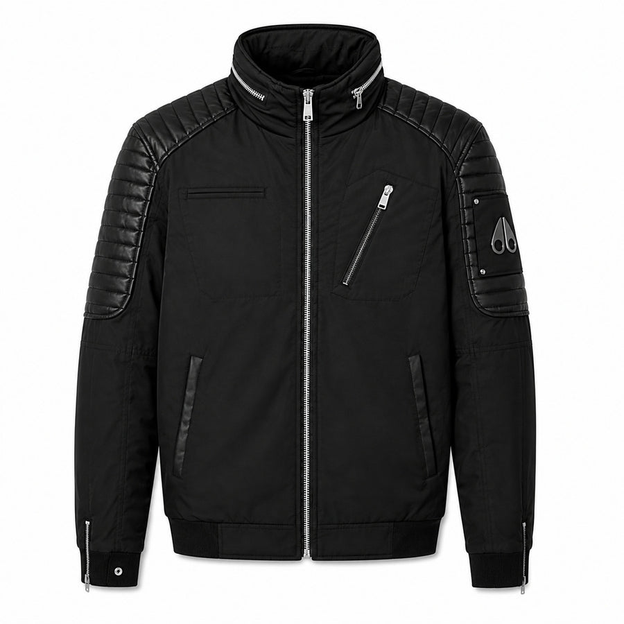 Moose Knuckles – Saint-Michel black jacket – front flat-lay with quilted shoulders and silver zippers