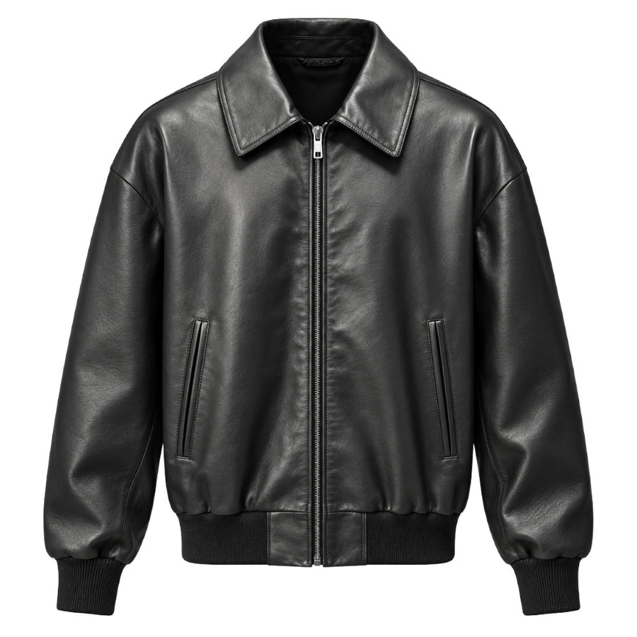 Dolce & Gabbana – black calfskin leather jacket – front zip view with ribbed cuffs