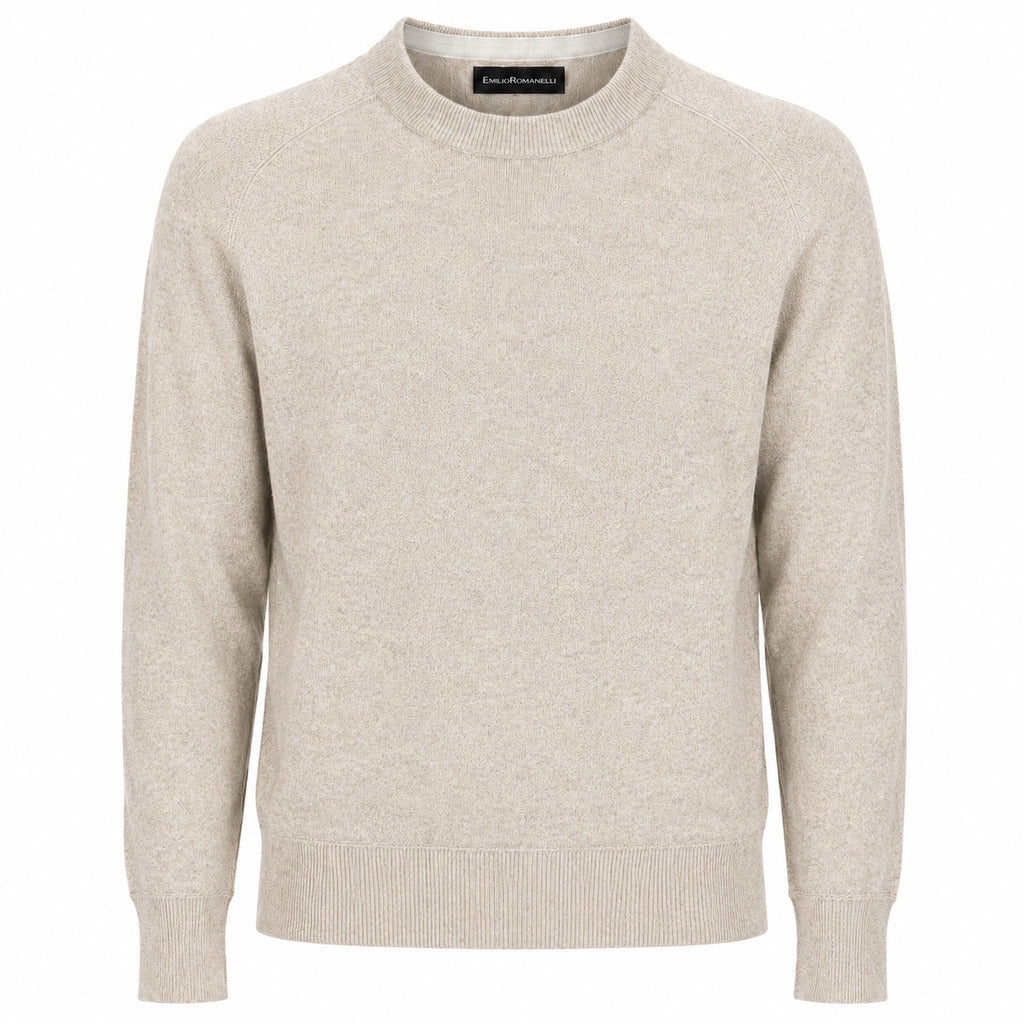 Emilio Romanelli – beige cashmere crewneck sweater – front packshot with ribbed trims