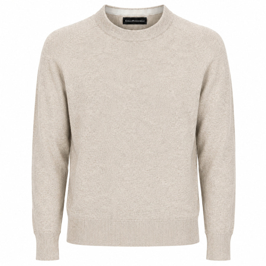 Emilio Romanelli – beige cashmere crewneck sweater – front packshot with ribbed trims