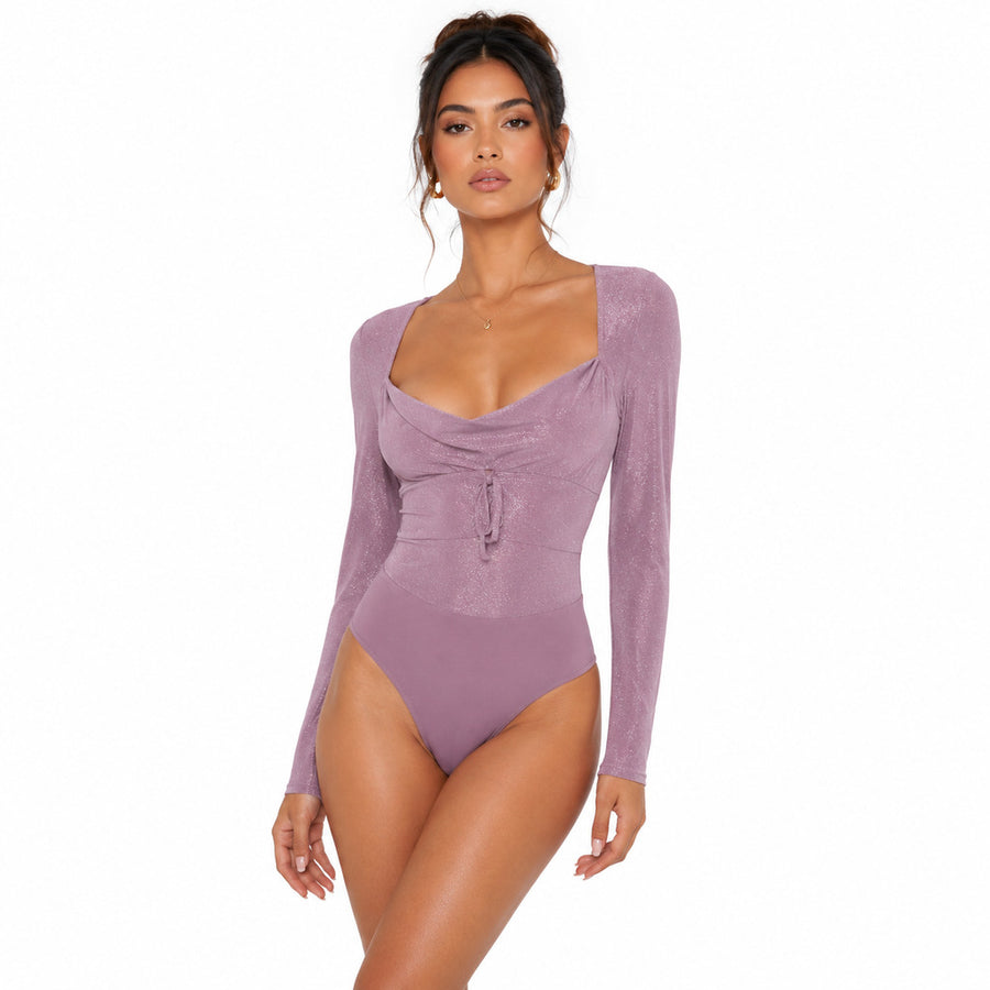 Pinko – pink shimmery long-sleeve bodysuit – front view with ruched neckline and tie detail