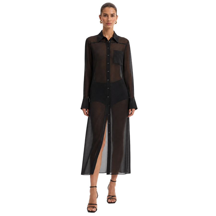 Patrizia Pepe – black sheer button-up dress – front view with sheer sleeves and button front