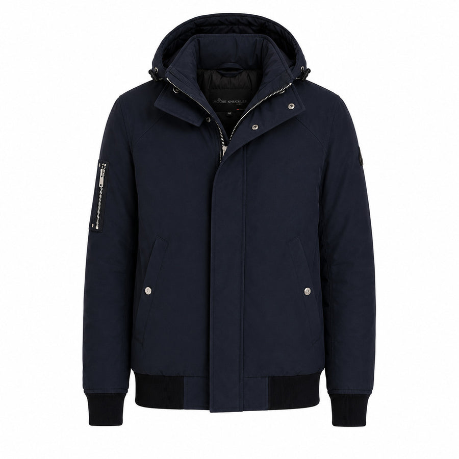 Moose Knuckles – Benito blue hooded bomber jacket – front flat view