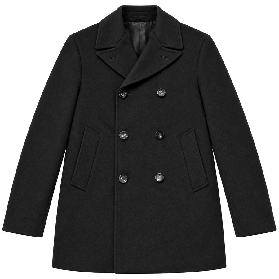 Loro Piana Tessuto – Cashmere Peacoat in Black – black front with double-breasted buttons